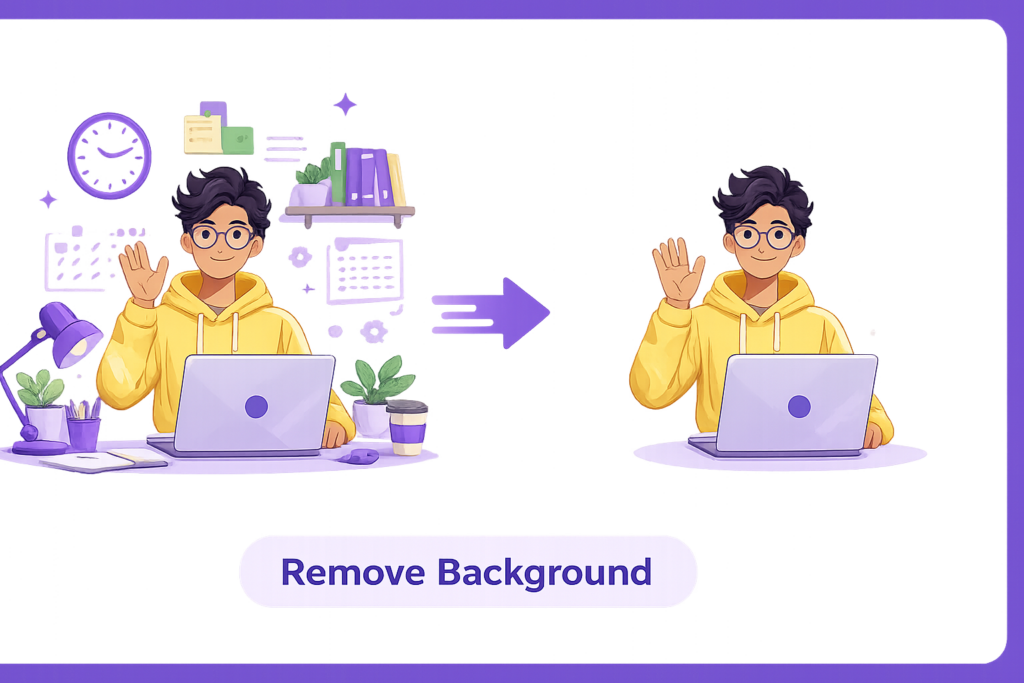 Before and after illustration of an image background being removed with AI, leaving a clean transparent cutout.