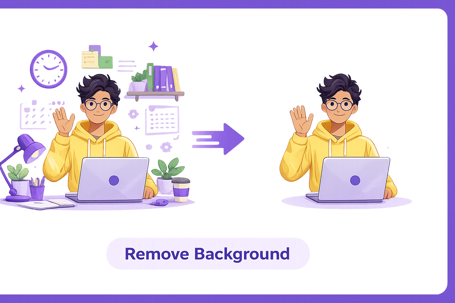 Before and after illustration of an image background being removed with AI, leaving a clean transparent cutout.