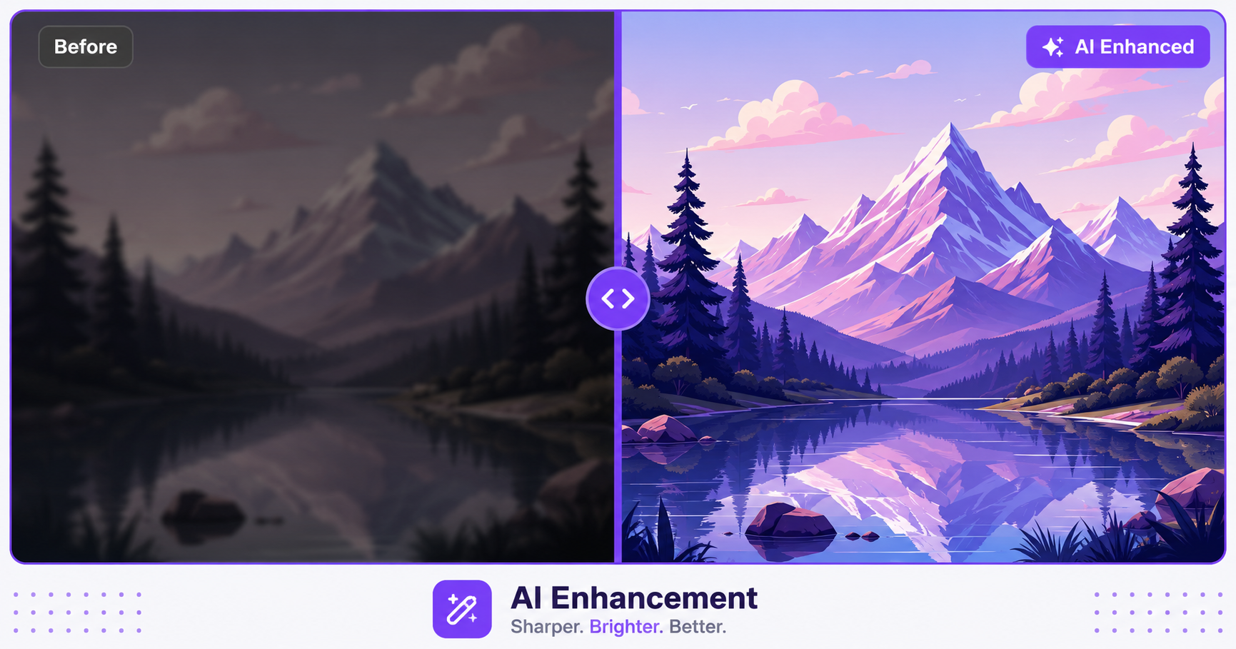 Before and after illustration showing a dark blurry photo enhanced into a sharp, bright image using AI.