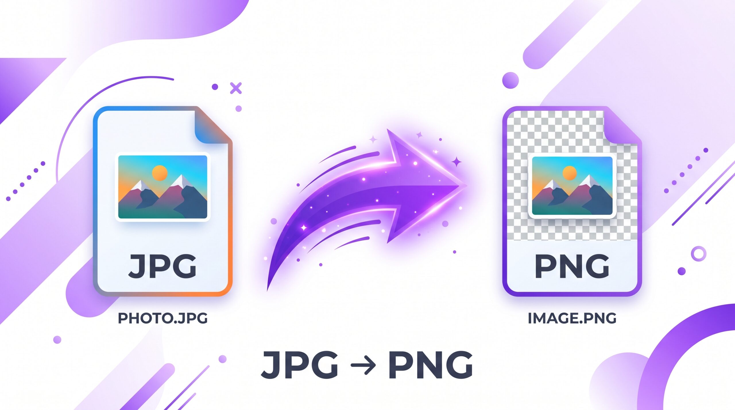 Flat illustration of a JPG file converting into a PNG file with a transparent background, showing free online JPG to PNG conversion.