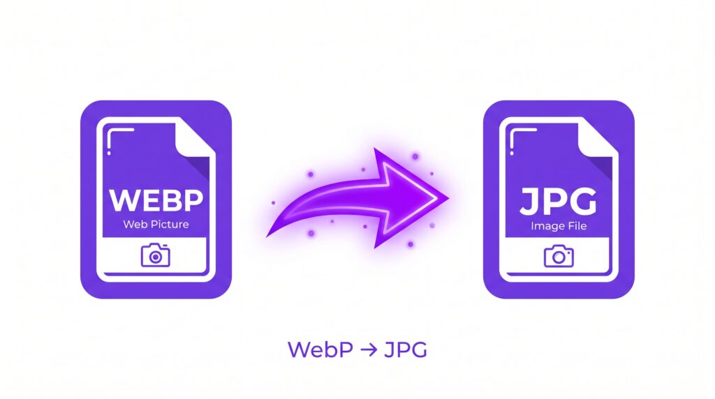 Flat illustration of a WebP file converting into a JPG file, representing free online WebP to JPG conversion for unsupported formats.