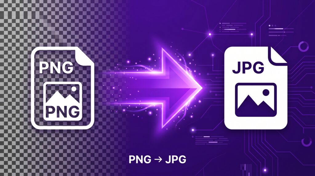 Flat illustration showing a PNG file icon converting into a JPG file icon with an arrow, representing free online PNG to JPG conversion.