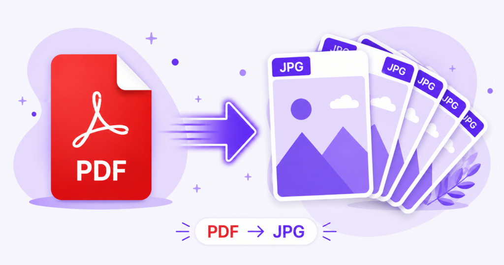 Illustration of a PDF file converting into multiple JPG image pages, representing free PDF to JPG conversion.