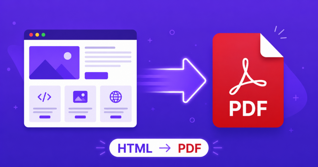 Illustration of a browser webpage converting into a PDF document, representing free HTML to PDF conversion.
