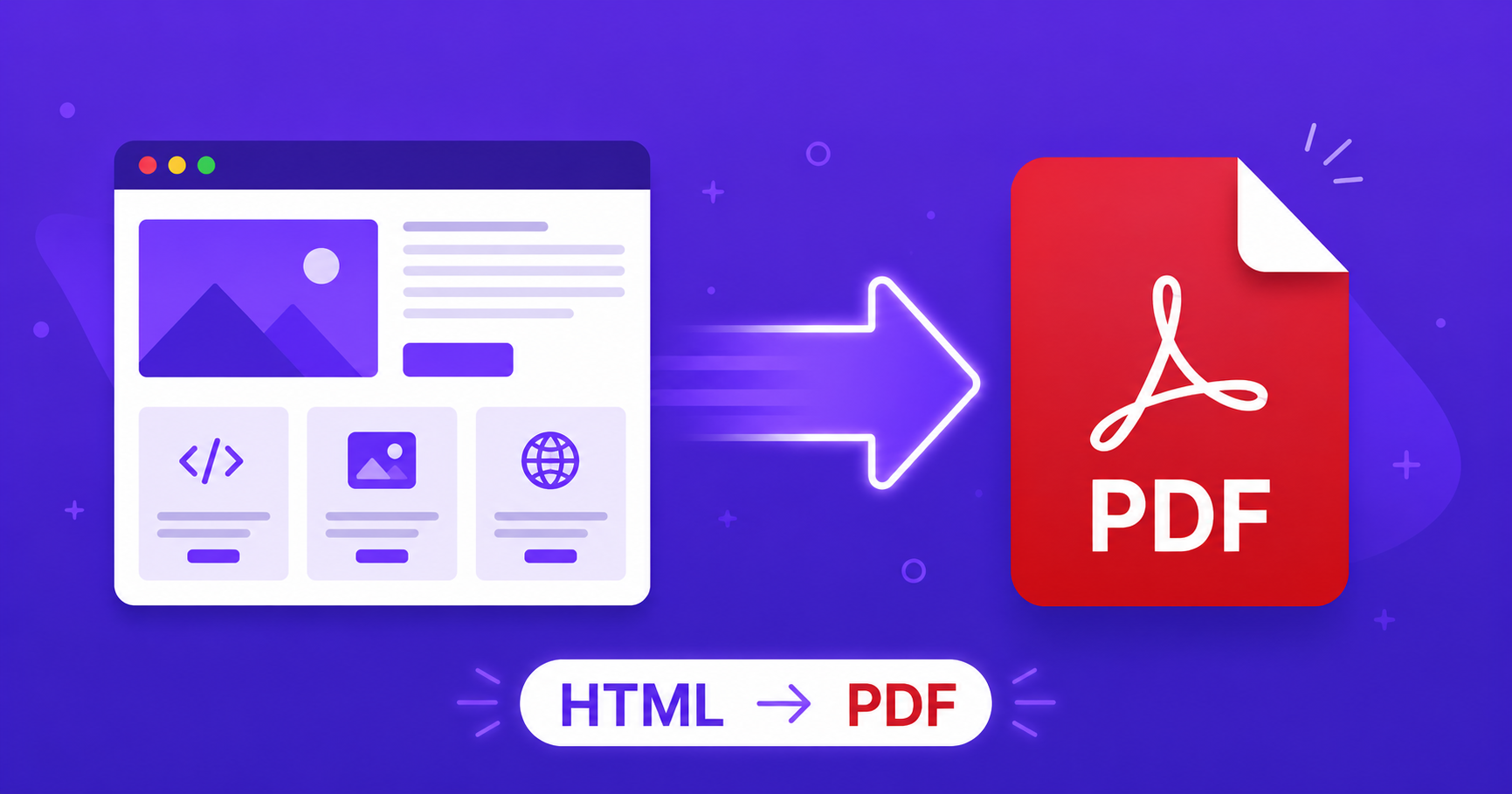 Illustration of a browser webpage converting into a PDF document, representing free HTML to PDF conversion.