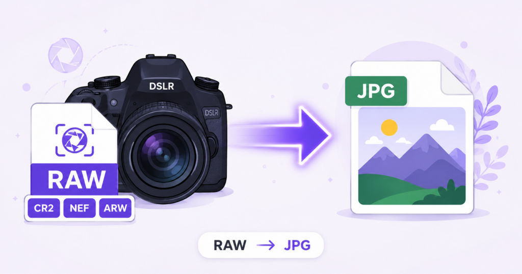 Illustration of a camera RAW file converting into a JPG image, representing free RAW to JPG conversion.