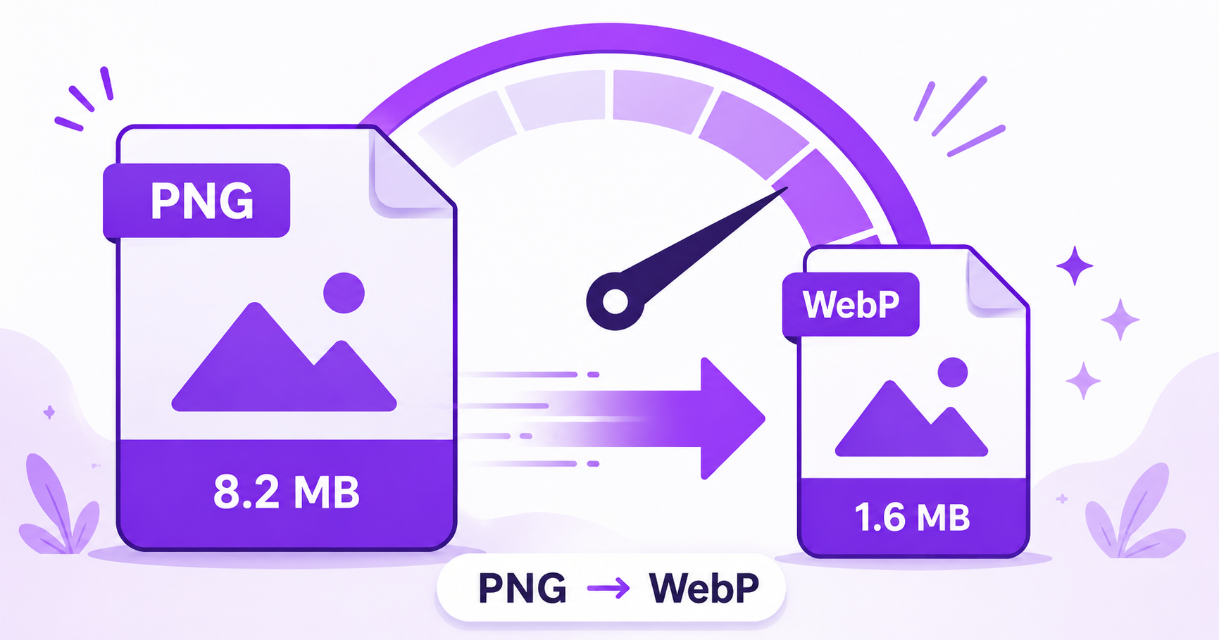 Illustration of a large PNG file shrinking into a smaller WebP file, representing faster website performance after conversion.