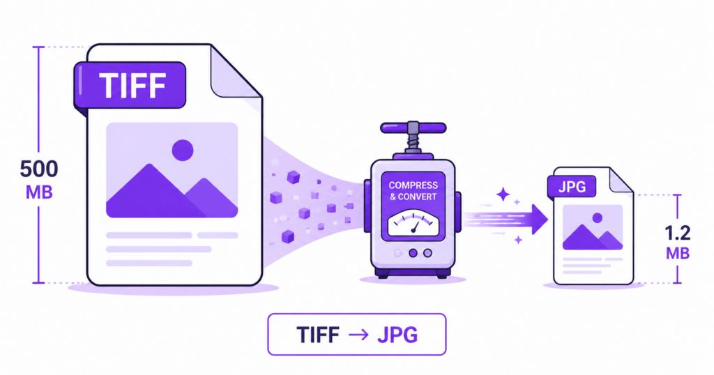 Illustration of a large scanned TIFF file being compressed and converted into a small JPG image file.