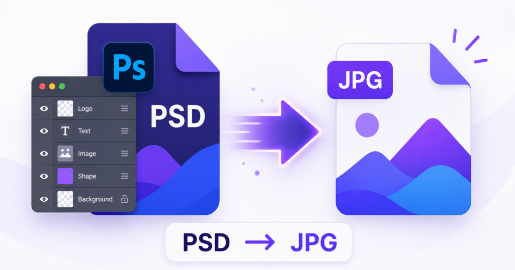 Illustration of a layered Photoshop PSD file flattening into a single JPG image file.