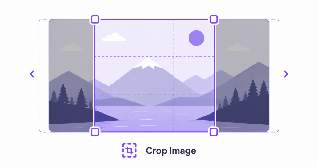 Illustration of a photo being cropped from a landscape shape into a perfect square using crop handles.