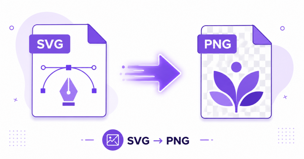 Illustration of a vector SVG file converting into a raster PNG file, representing free SVG to PNG conversion.