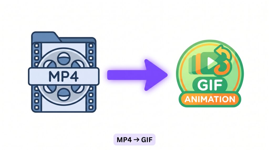 Illustration of an MP4 video file converting into a looping animated GIF file.