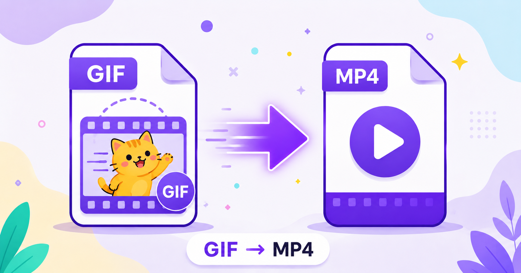 Illustration of an animated GIF converting into an MP4 video file, representing smaller file size and smoother playback.