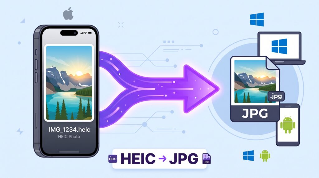 Illustration of an iPhone HEIC photo converting into a universal JPG file that opens on any device.