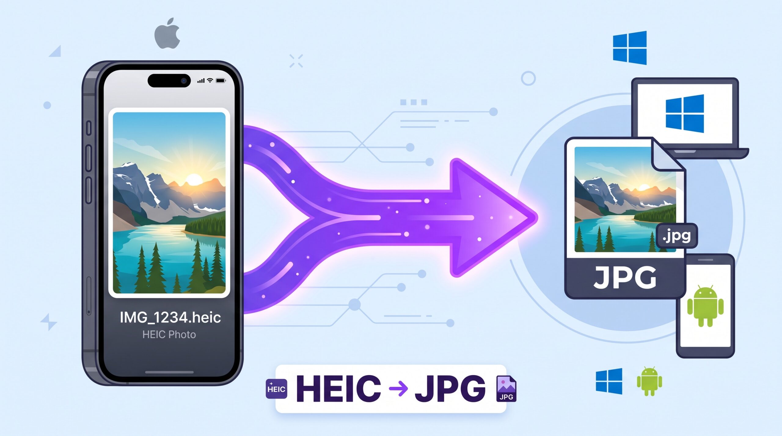 Illustration of an iPhone HEIC photo converting into a universal JPG file that opens on any device.