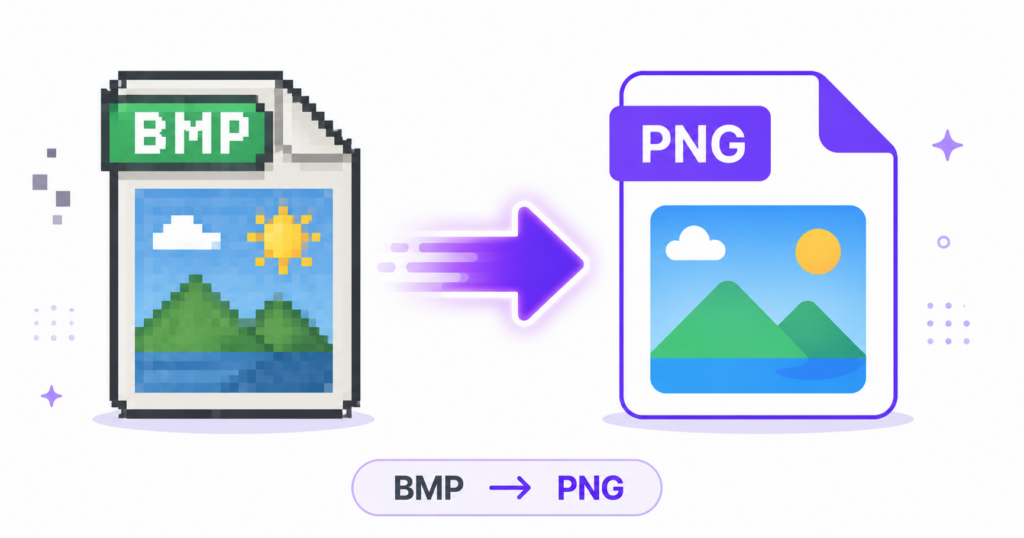Illustration of an old pixelated BMP file converting into a modern PNG image file.