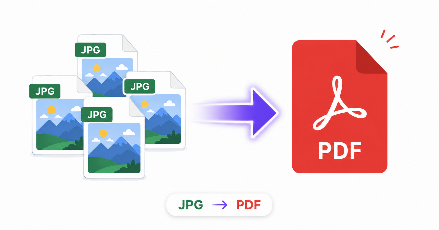 Illustration of multiple JPG photos combining into a single PDF document.