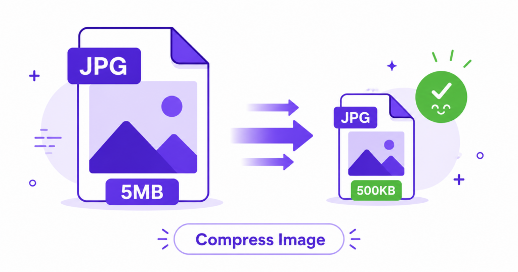Illustration showing a large image file being compressed into a much smaller file size without losing quality.