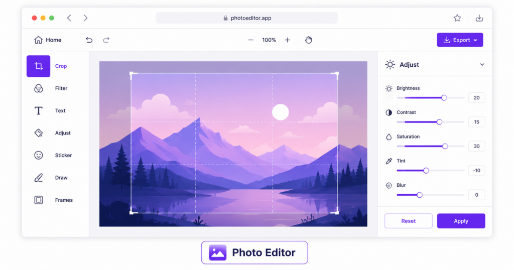 Screenshot-style illustration of a browser-based photo editor with crop, filter, and text tools.