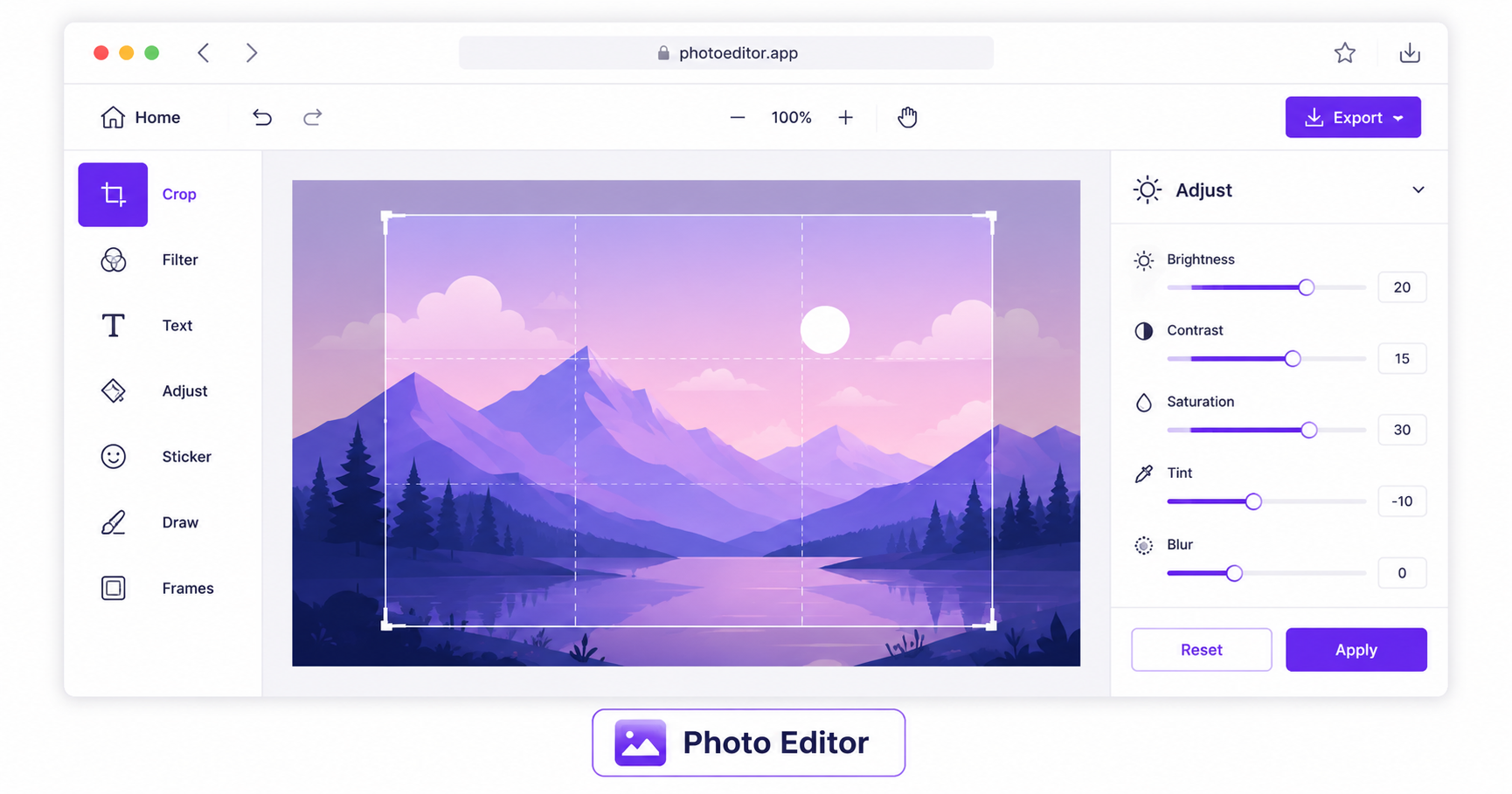 Screenshot-style illustration of a browser-based photo editor with crop, filter, and text tools.