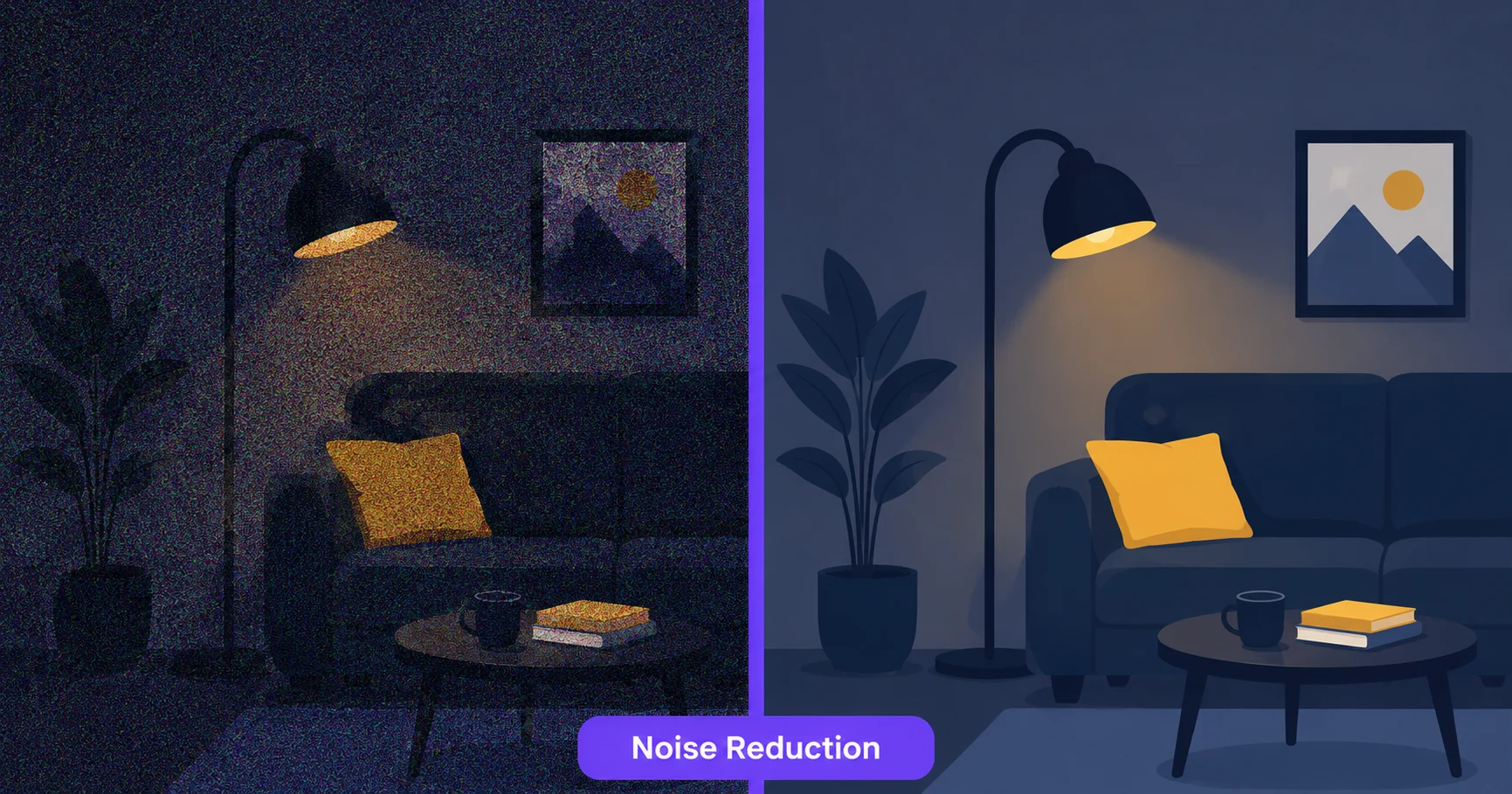 Before and after illustration of a grainy photo cleaned up using noise reduction.