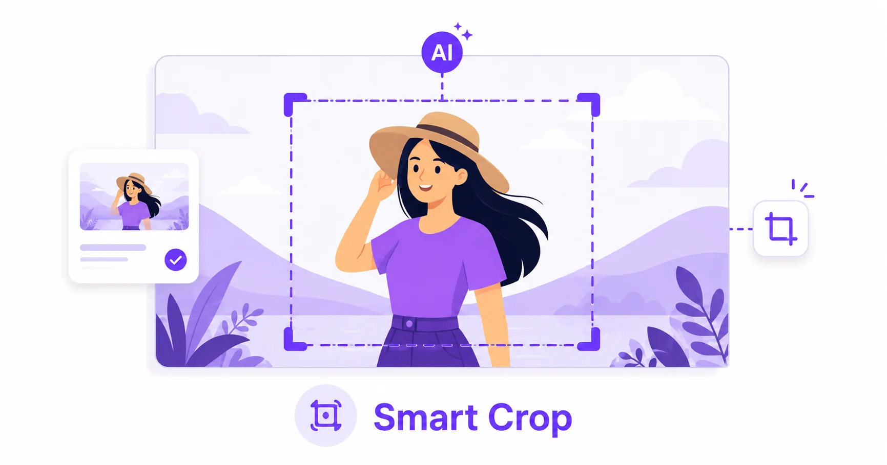 Illustration of AI automatically detecting and framing the main subject of a photo for smart cropping.