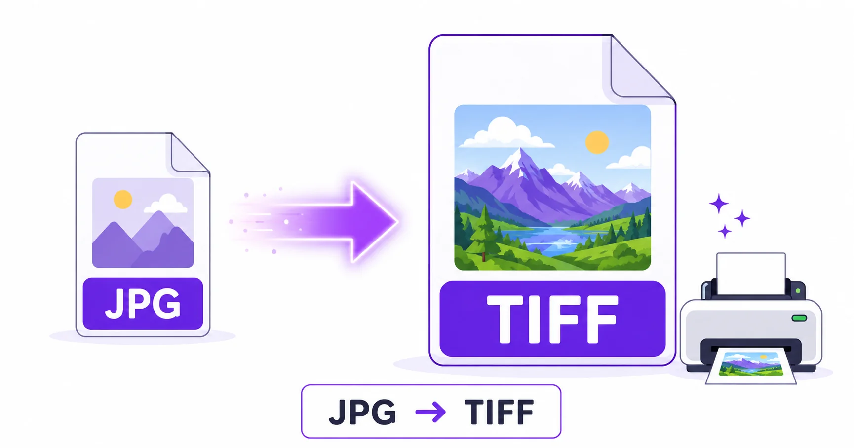 Illustration of a JPG photo converting into a TIFF file prepared for professional printing.