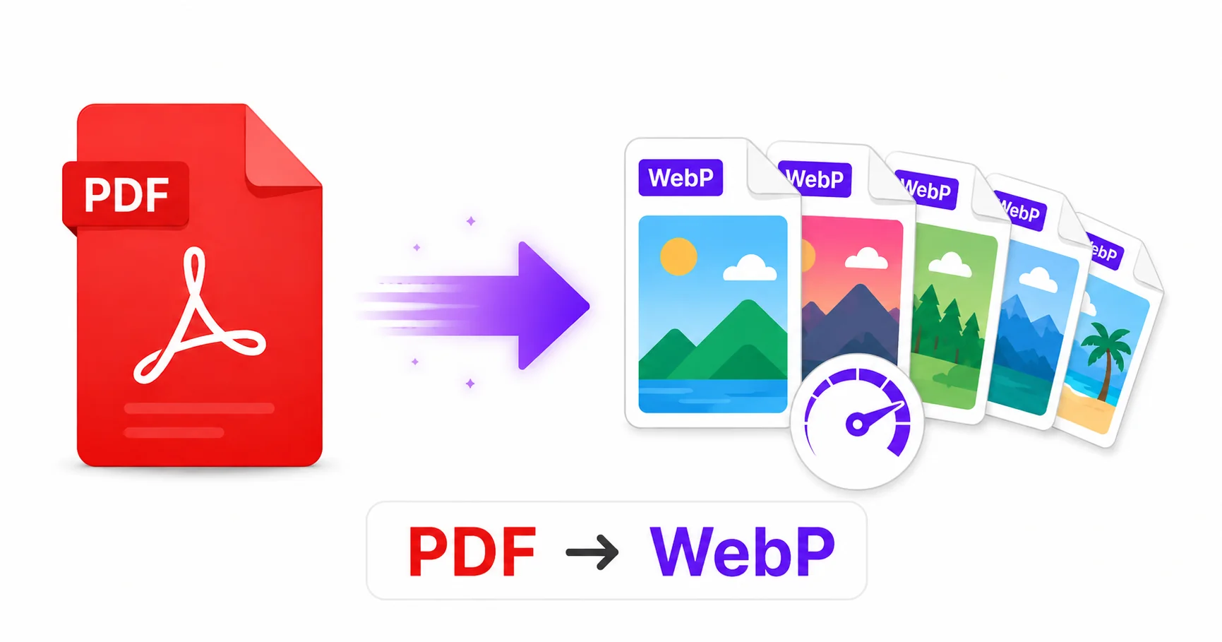 Illustration of a PDF file converting into lightweight WebP image pages.