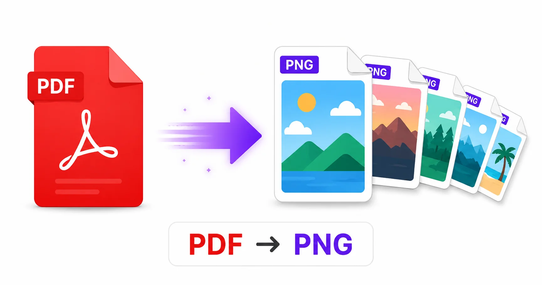 Illustration of a PDF file converting into multiple sharp PNG image pages.