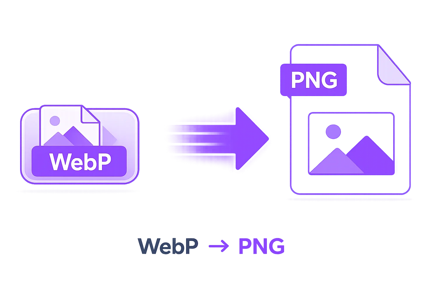 Illustration of a WebP image file converting into a PNG file with a transparent background.