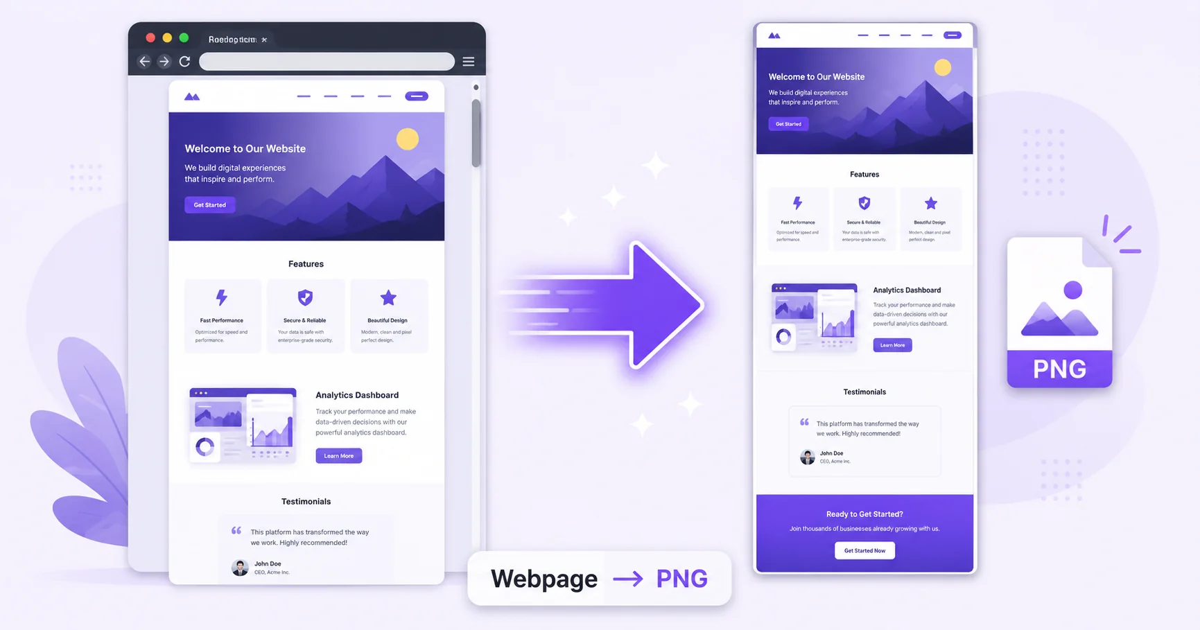 Illustration of a browser webpage converting into a full-page PNG screenshot image.
