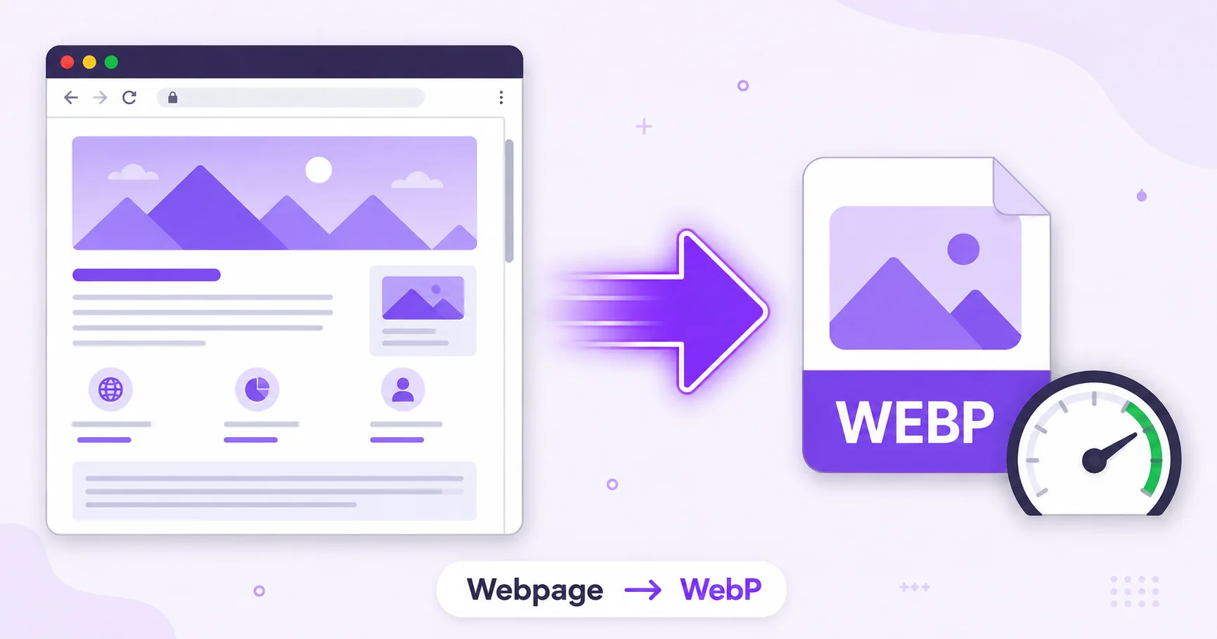 Illustration of a browser webpage converting into a lightweight WebP screenshot image.