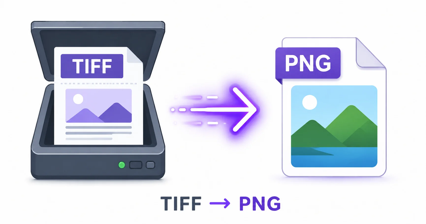 Illustration of a large TIFF scanned file converting into a smaller, web-ready PNG image file.