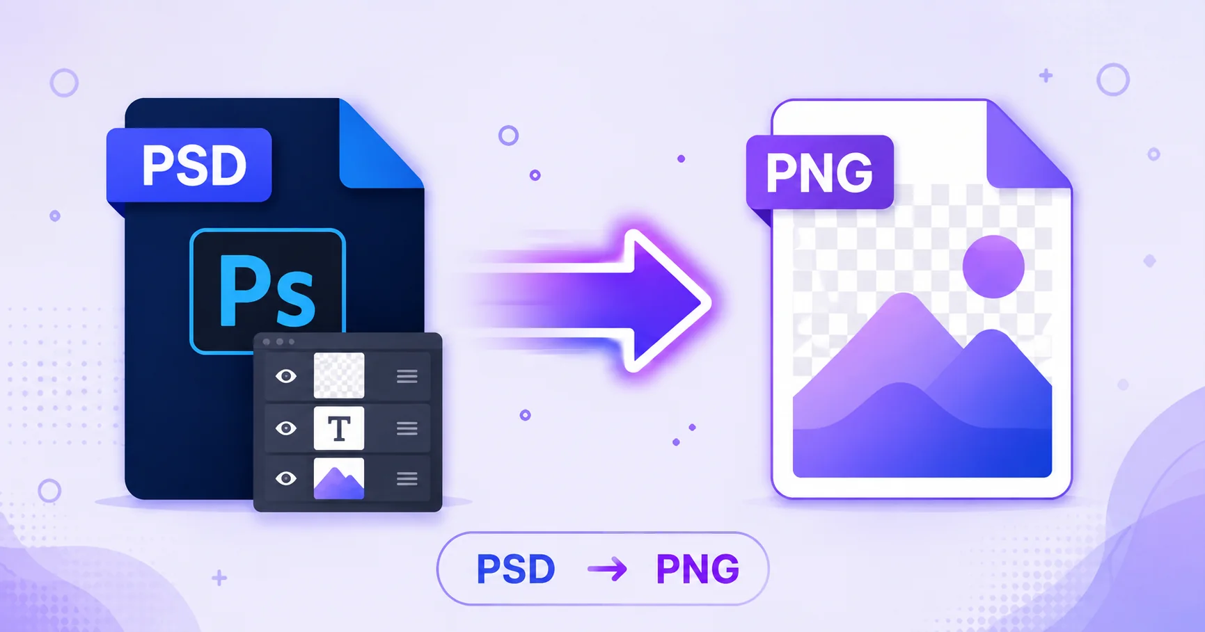 Illustration of a layered Photoshop PSD file flattening into a single transparent PNG image file.