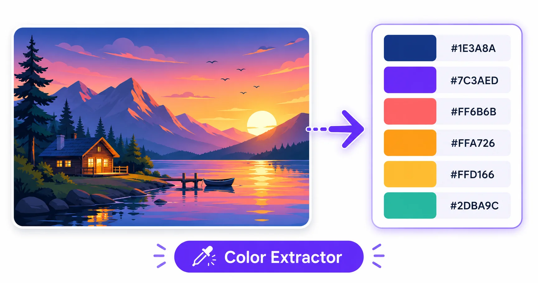 Illustration of a photo converting into a matching color palette of hex code swatches.