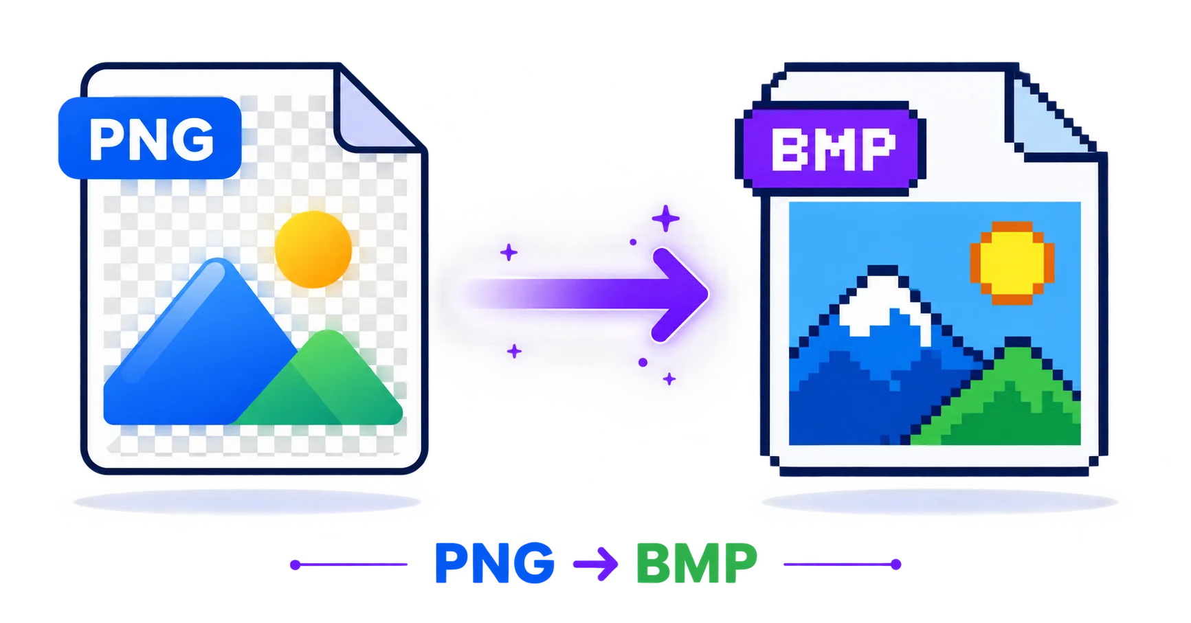 Illustration of a transparent PNG file converting into a legacy BMP image file.