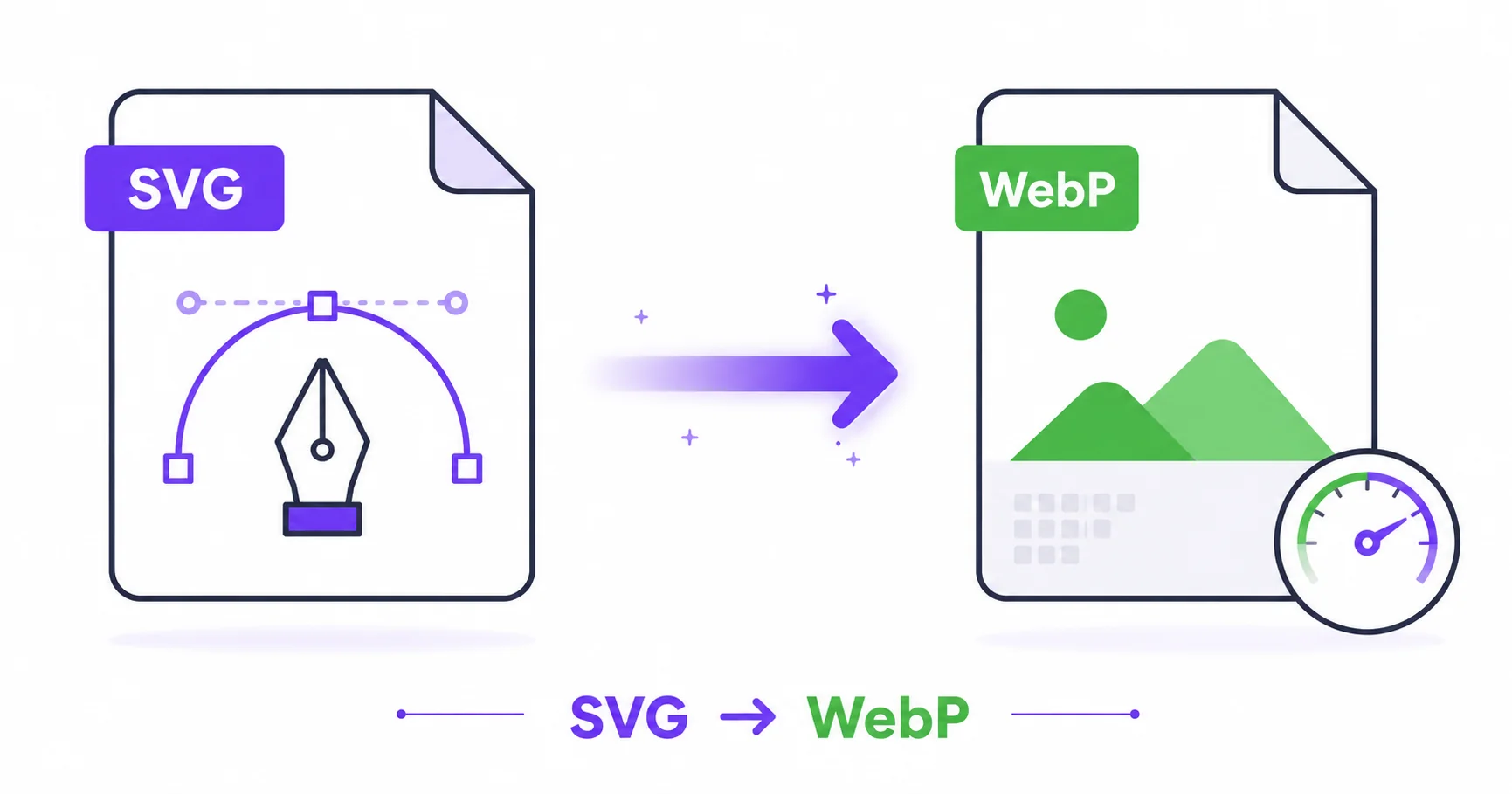Illustration of a vector SVG file converting into a lightweight WebP image file.