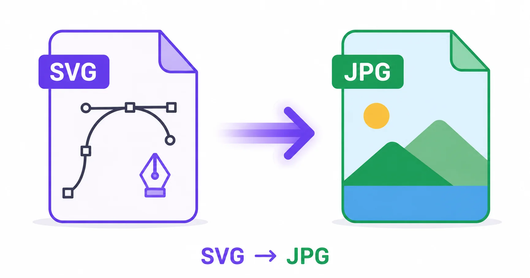 Illustration of a vector SVG file converting into a raster JPG image file.