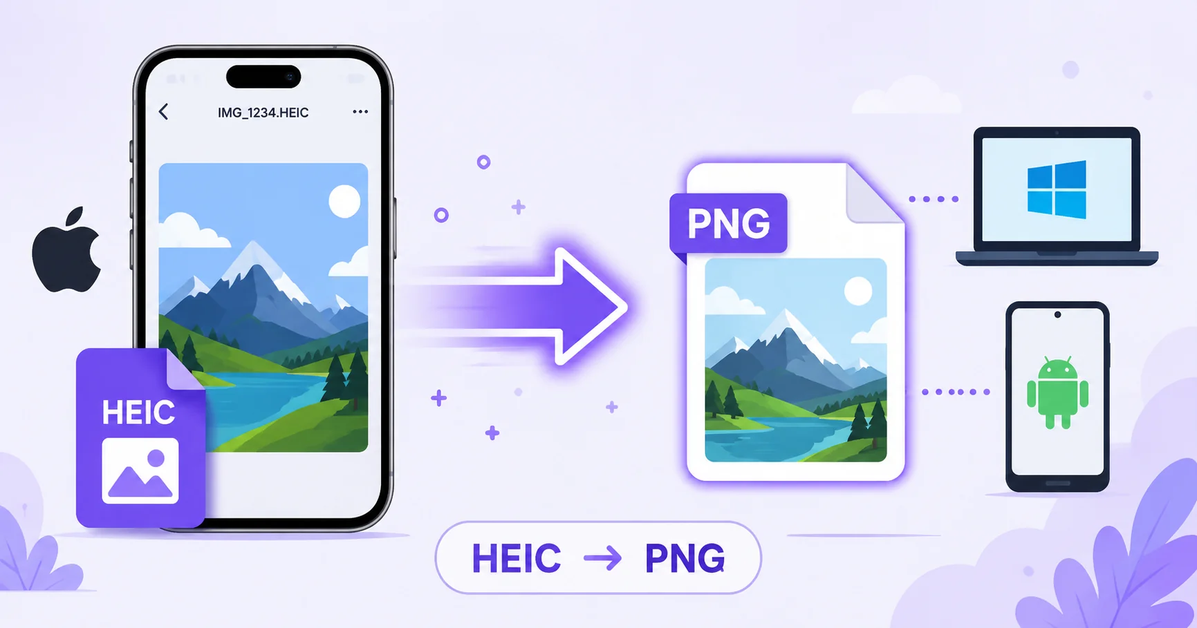 Illustration of an iPhone HEIC photo converting into a universal PNG file that opens on any device.