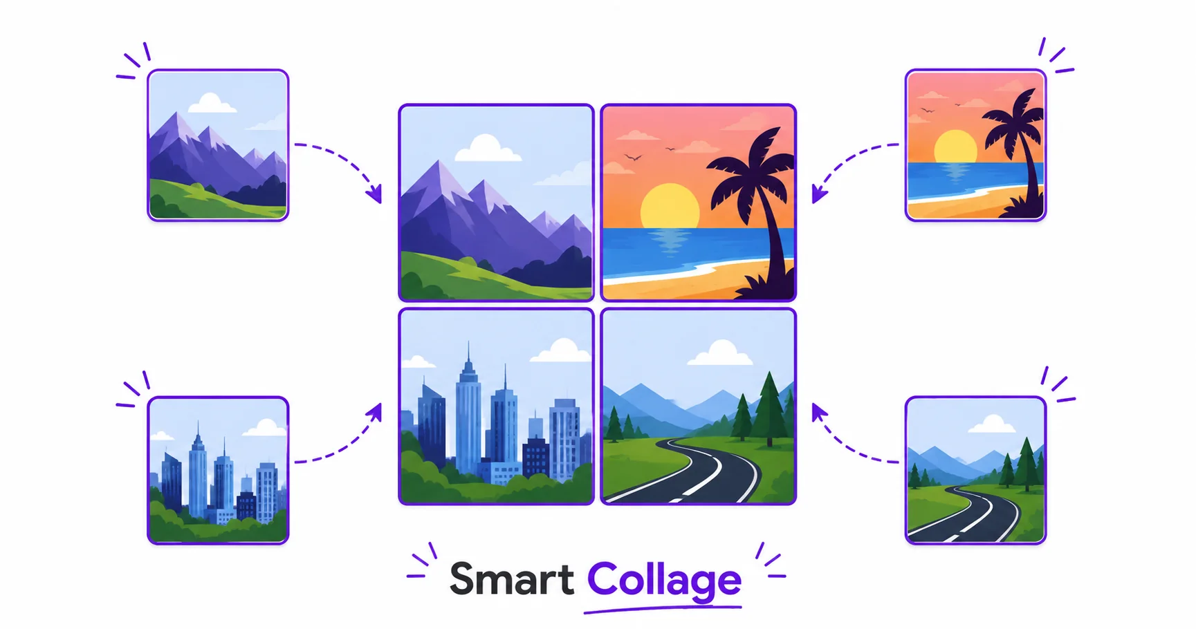 Illustration of four individual photos combining into a single 2x2 grid photo collage.