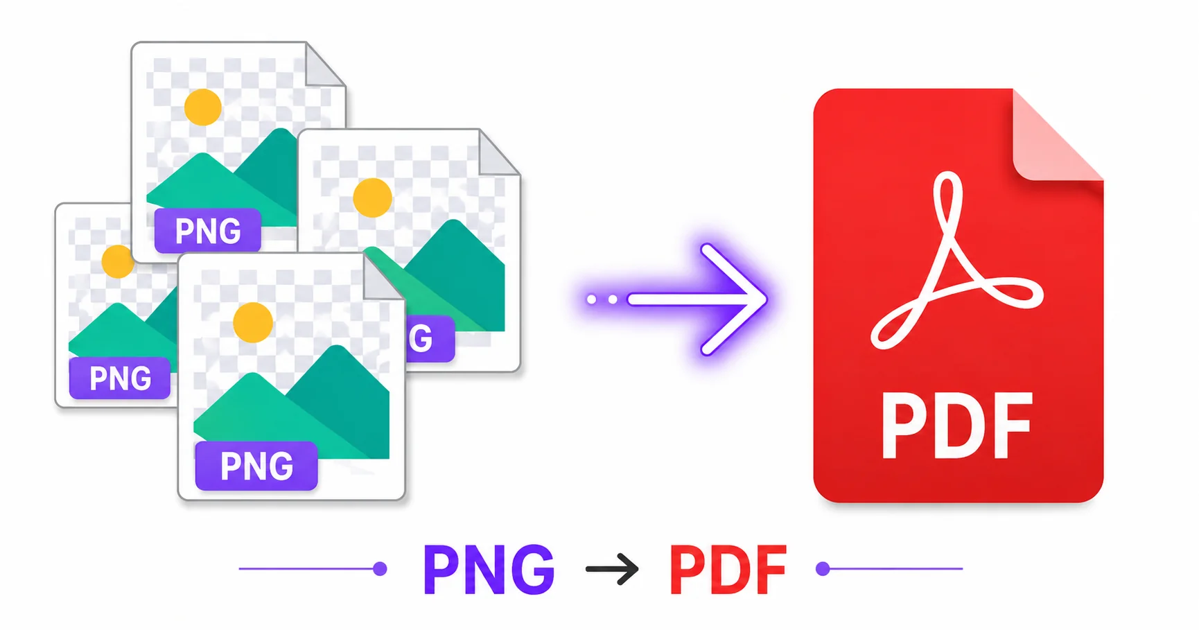 Illustration of multiple PNG images combining into a single PDF document.