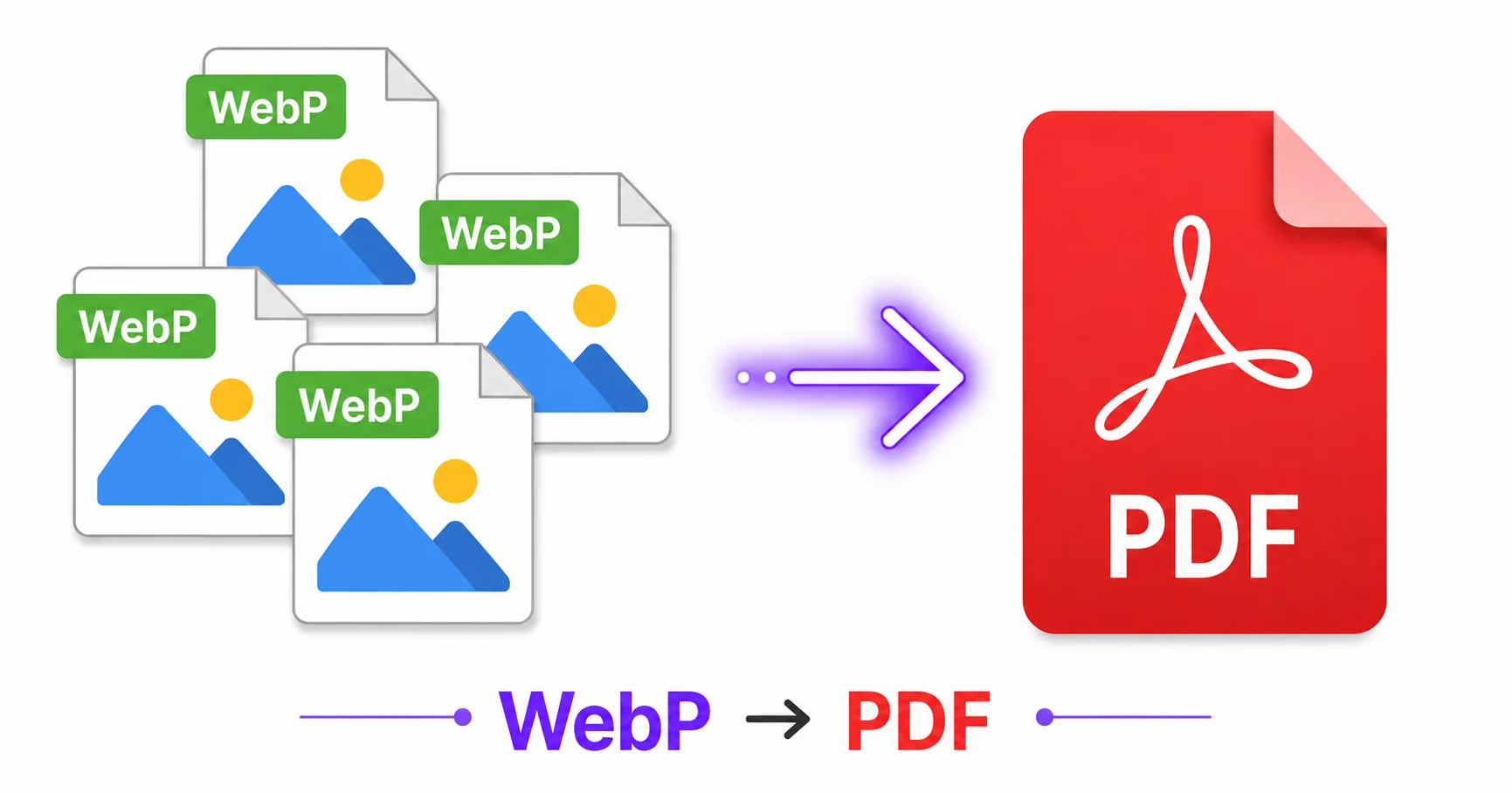 Illustration of multiple WebP images combining into a single PDF document.